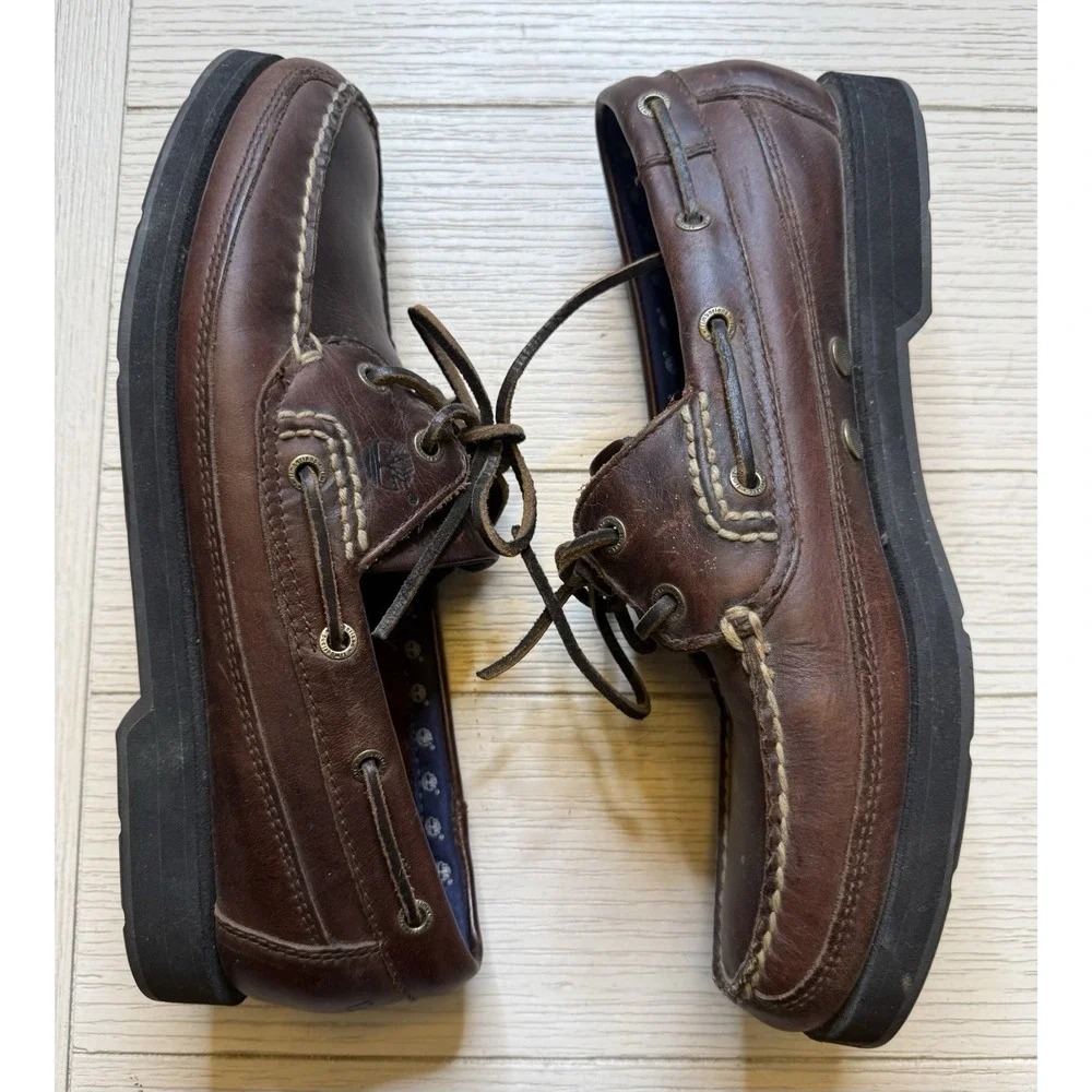 Timberland VTG Men's Boat Slip On Lace Up‎ Brown Leather Loafer Sz 9.5 M Classic